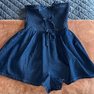 Klesis Strapless Denim Romper with bow Details - Large